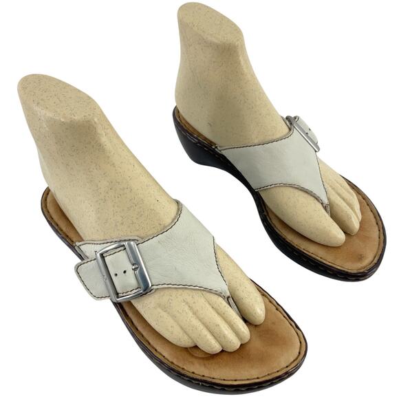 Born Cream Leather Wedge Slip-On Sandals Women’s Size 7 Preowned - Picture 1 of 7